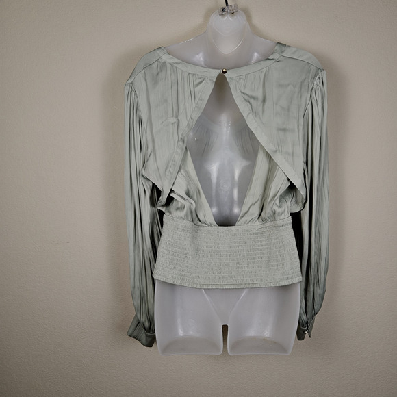 Anthropologie Smocked Blouson Sleeve Blouse Sage Green Open Back Satin Party L - Picture 8 of 16